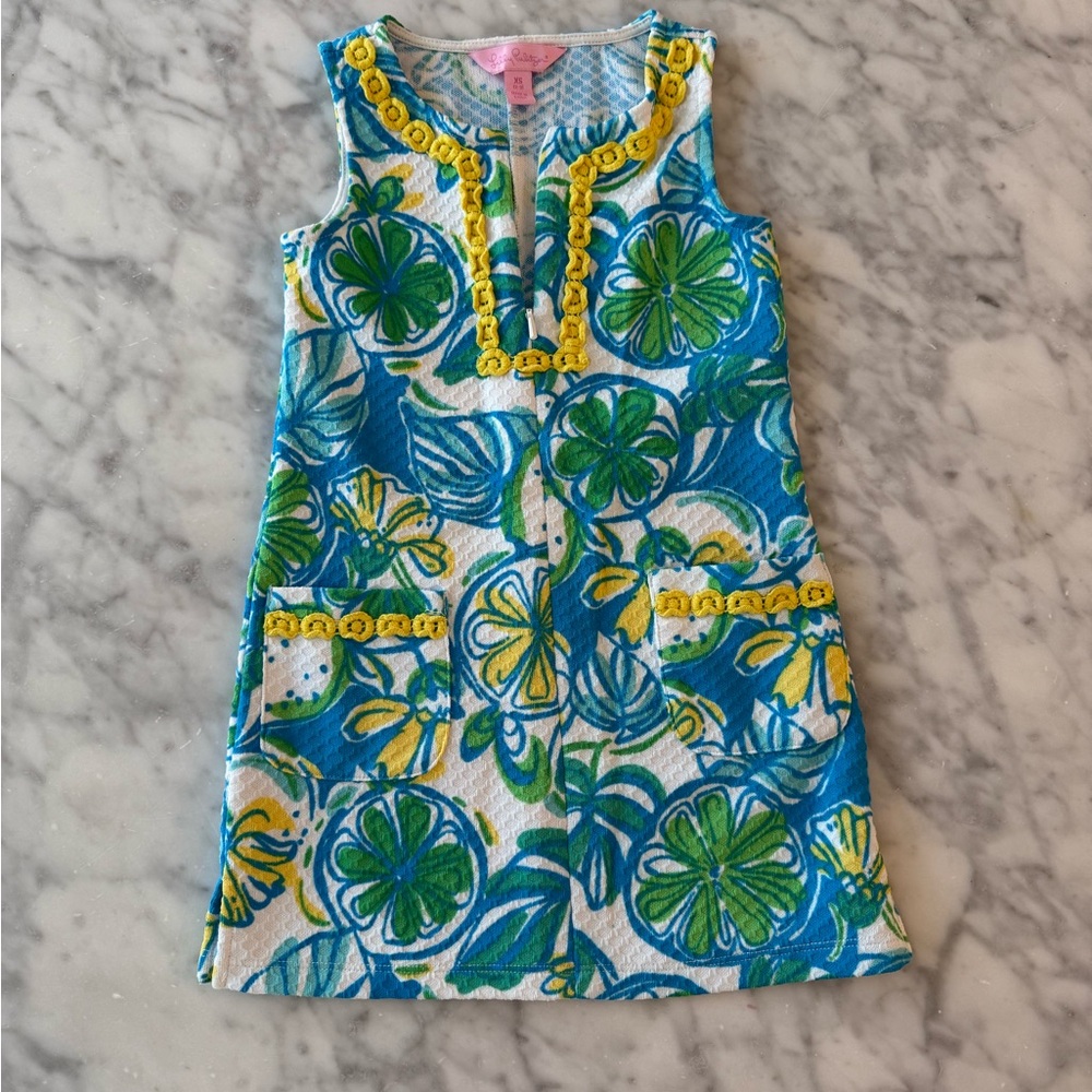 Lilly Pulitzer XS Little Girl Shift Dress Spring Summer Blue Yellow Lime